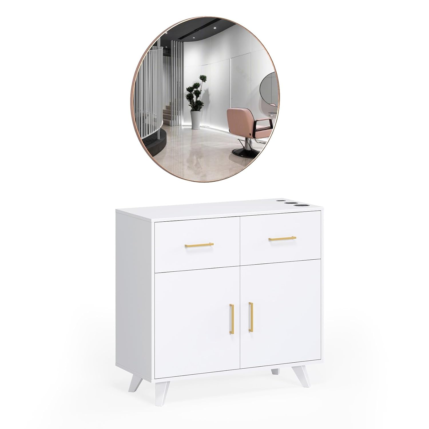OmySalon Wall Mount Salon Station, Barber & Hair Stylist Station with Round Mirror, Hair Dryer Holders, Storage Cabinet & Adjustable Shelf, Beauty Spa Dresser, White