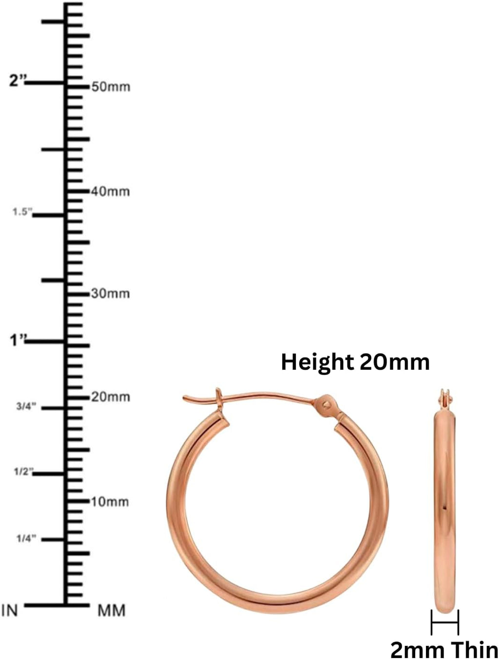 14K Rose Gold Classic Shiny Polished Round Hoop Earrings, 2mm tube