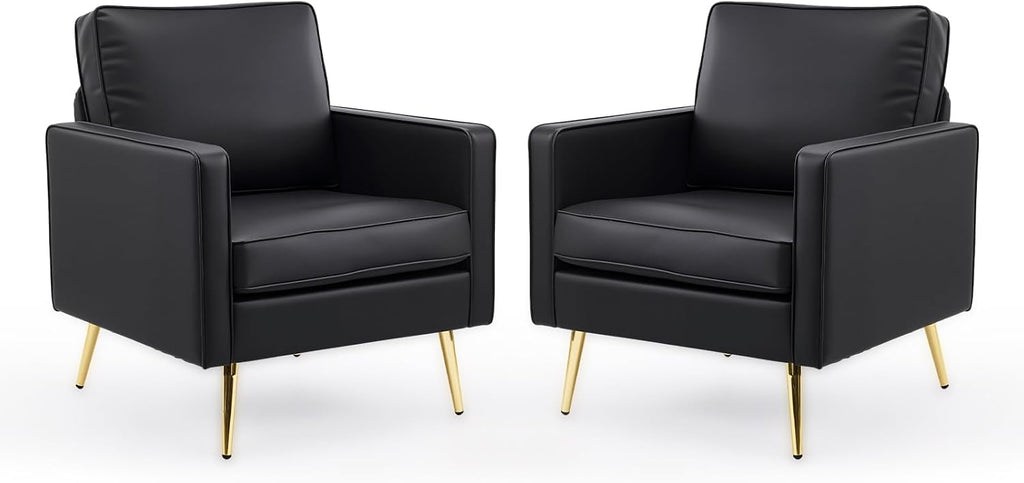 VINGLI PU Leather Accent Chairs Set of 2, Mid-Century Modern Living Room Chairs with Removable Cushions, Gold Legs, Upholstered Sofa Armchair for Bedroom, Office, Apartment, Play Room