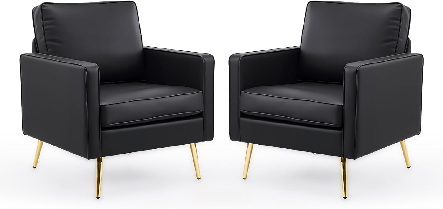 VINGLI PU Leather Accent Chairs Set of 2, Mid-Century Modern Living Room Chairs with Removable Cushions, Gold Legs, Upholstered Sofa Armchair for Bedroom, Office, Apartment, Play Room