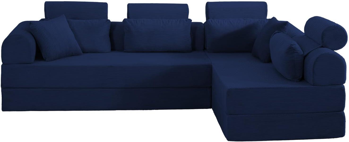 KEIKI 6-in-1 Folding Convertible High Back Sofa Sleeper, 106' Oversized Modular Sectional Corduroy Upholstered L Shape Couches for Living Room, Head Support Comfort for Large Apartment Bedroom, Blue
