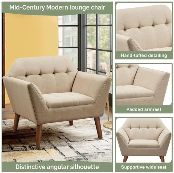 Ink+Ivy Newport Wide Mid-Century Modern Lounge Chair Hand-Tufted Velvet Upholstered Accent Armchair with Solid Wood Pecan Legs for Living Room Bedroom Reading