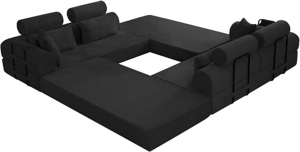 KEIKI 6-in-1 Folding Convertible High Back Sofa Sleeper, 106' Oversized Modular Sectional Corduroy Upholstered L Shape Couch for Living Room, Chaise Lounge Indoor for Modern Minimalist Family,Black