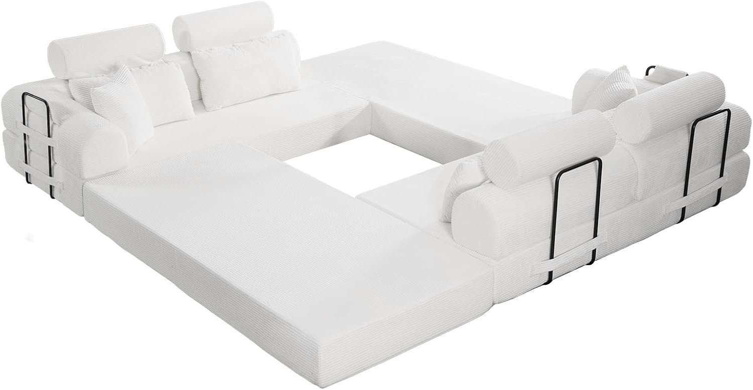 KEIKI 6-in-1 Folding Convertible High Back Sofa Sleeper, 106' Oversized Modular Sectional Corduroy Upholstered L Shape Couches for Living Room, High-Density Foam for Large Apartment Living, Beige