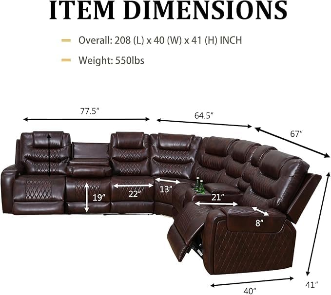 Living Room Furniture Set, Power Reclining Sofa Set, Air Leather Recliners with Built-in USB Ports and Storage Console, LED Reclining Couch Set for Living Room (Wine, Sectional)
