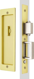 Rectangular Privacy Pocket Door Mortise Lock and Edge Pull, Narrow Modern Sliding Door Pop-Up Handle, (Bed/Bath) Pull Latch, Recessed Hardware for 1 3/8' to 2 3/16' Thickness Door (Satin Brass)