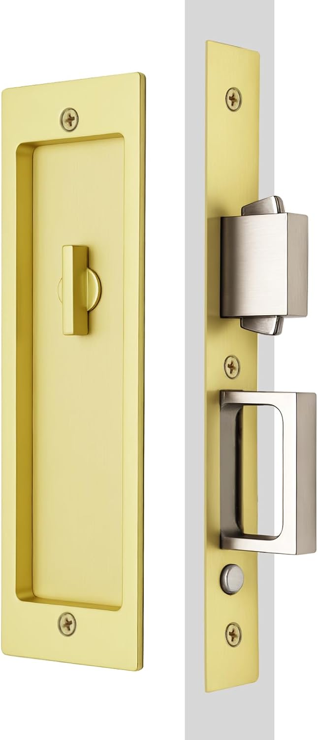 Rectangular Privacy Pocket Door Mortise Lock and Edge Pull, Narrow Modern Sliding Door Pop-Up Handle, (Bed/Bath) Pull Latch, Recessed Hardware for 1 3/8' to 2 3/16' Thickness Door (Satin Brass)