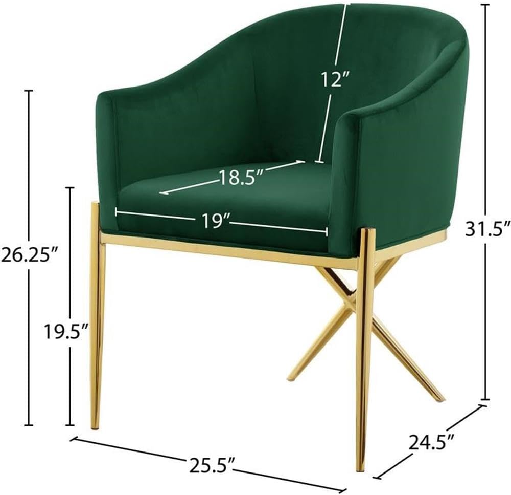 Meridian Furniture Xavier Collection Modern | Contemporary Velvet Upholstered Dining Chair with Sturdy Steel X Shaped Legs, 25.5' W x 24.5' D x 31.5' H, Green