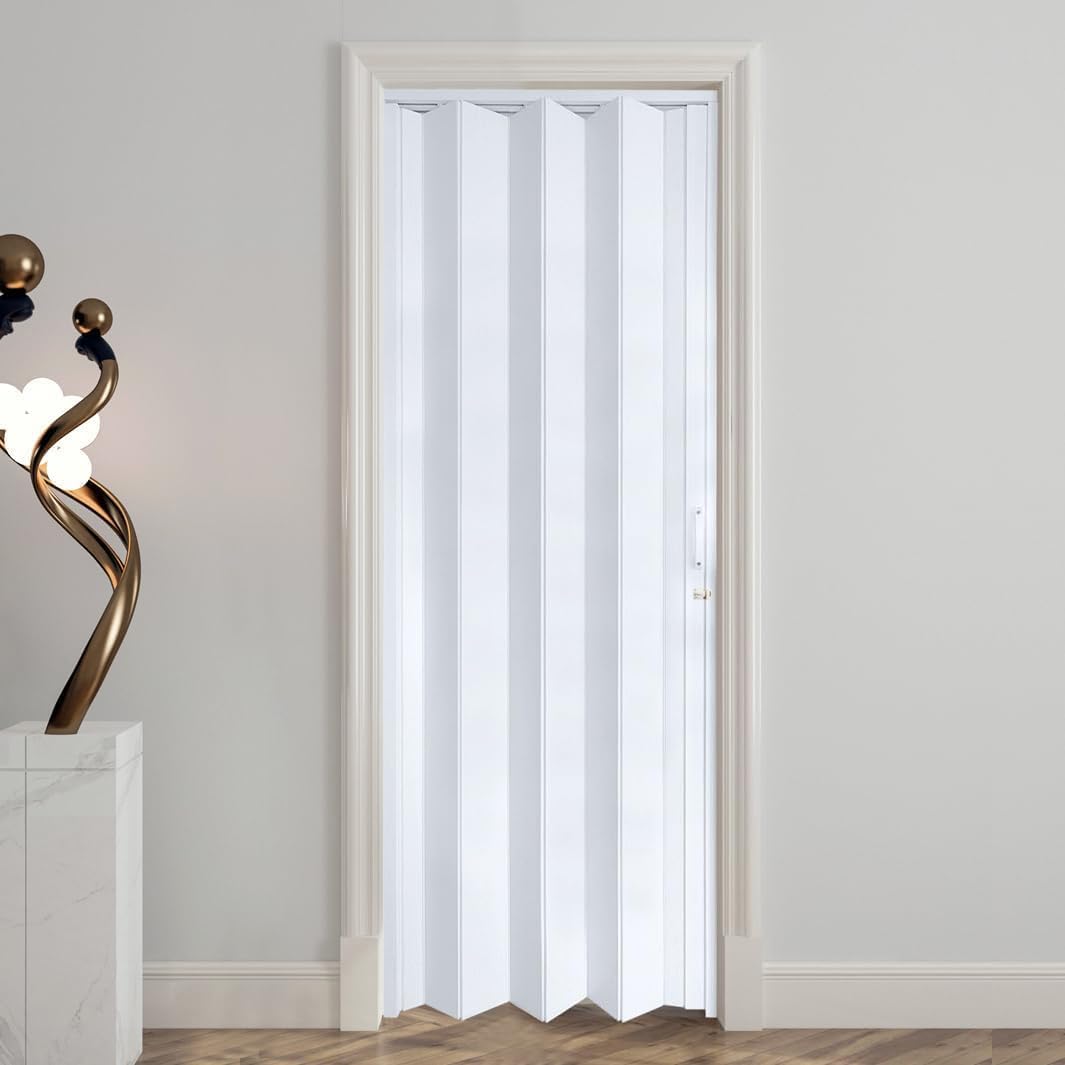 DIYHD 30X80in Accordion Door for Small Openning, White Double Layer PVC Folding Interior Door with Sliding Track Kit, Space-Saving Closet Door, No Floor Track, Dual-Sided Handle & Latch, Easy Install