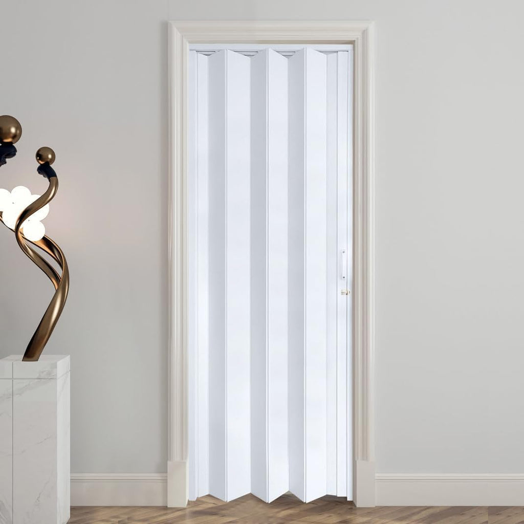 DIYHD 34X80in Accordion Door, White Double-Layer PVC Folding Interior Door with Sliding Track Kit, Space-Saving Closet Door, No Floor Track, Dual-Sided Handle & Latch, Easy Install