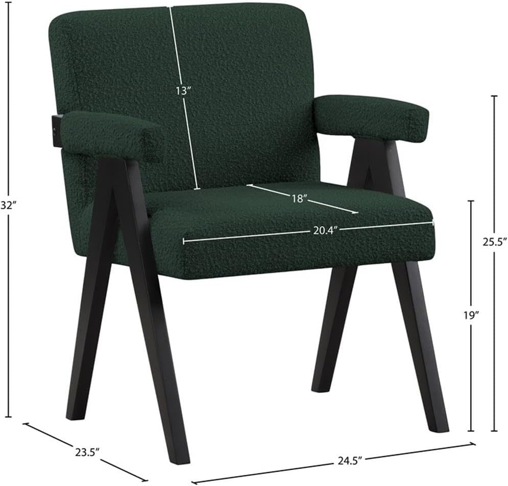 Meridian Furniture 481Green Woodloch Collection Mid-Century Modern Boucle Fabric Upholstered Accent Chair with Rich Green Boucle Fabric, Black Finish Solid Wood, 24.5' W x 23.5' D x 32' H, Green