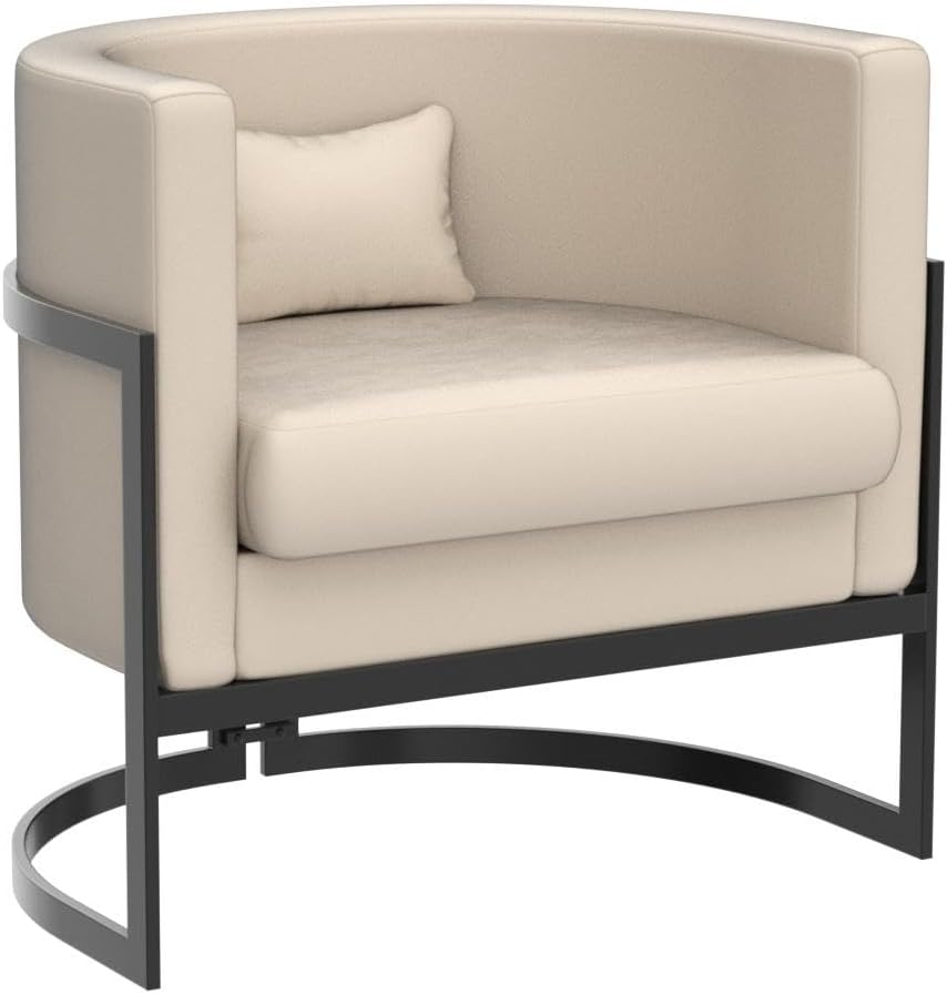 Faux Leather Accent Chair Modern Barrel Chair Upholstered Armchair for Living Room Bedroom Single Sofa Chair Club Chairs Beige