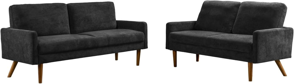 Kent 2 Piece Velvet Sofa and Loveseat Set, European Style with Modern & Vintage Flair, Upholstered 5 Seater Couch, Chic Living Room Furniture Seating for Home, Apartment or Office, Black