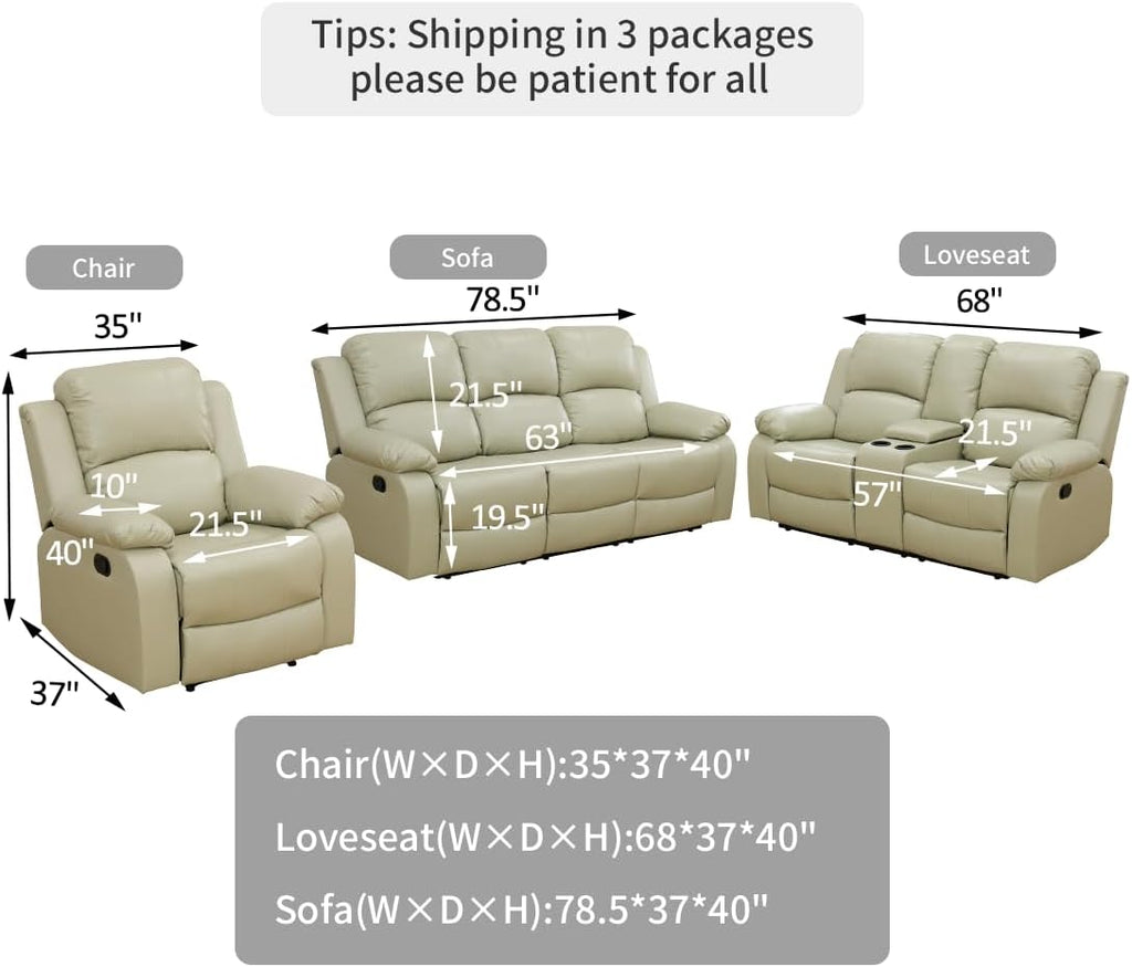 Living Room Furniture Sets, Manual Reclining Sofa and Lovseat Set with Drop-Down Table, Leather Recliner Couch Sets, Recliner Sofa with Storage Console/Cup Holder for Home/Apartment(Beige)