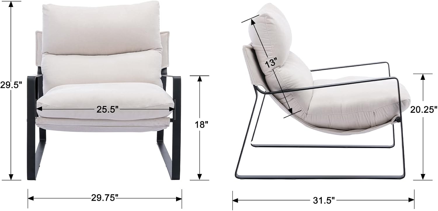 Ya-Home Mid-Century Accent Chair, Comfy Side Chair with Armrest, Chenille Fabric Upholstered Leisure Chair with Black Metal Frame for Living Room Bedroom Reception Room, White