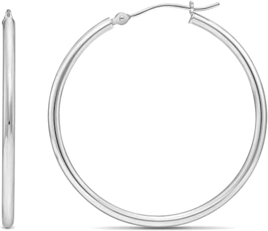 Classic 10K White Gold Hoop Earrings - Shiny Polished Plain Round Gold Hoops for Women and Men