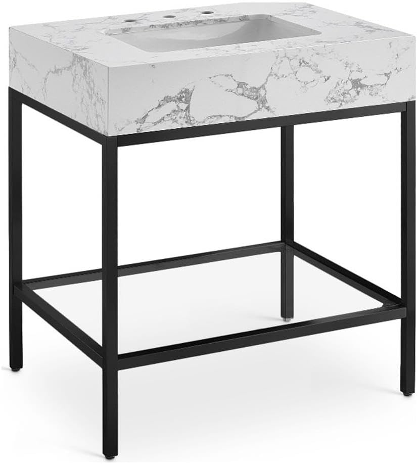 Meridian Furniture 407White-30 Marmo Collection Modern | Contemporary Bathroom Vanity with White Engineered Stone with Grey Veining, Matte Black Metal Base, 30' W x 23' D x 34' H, Black