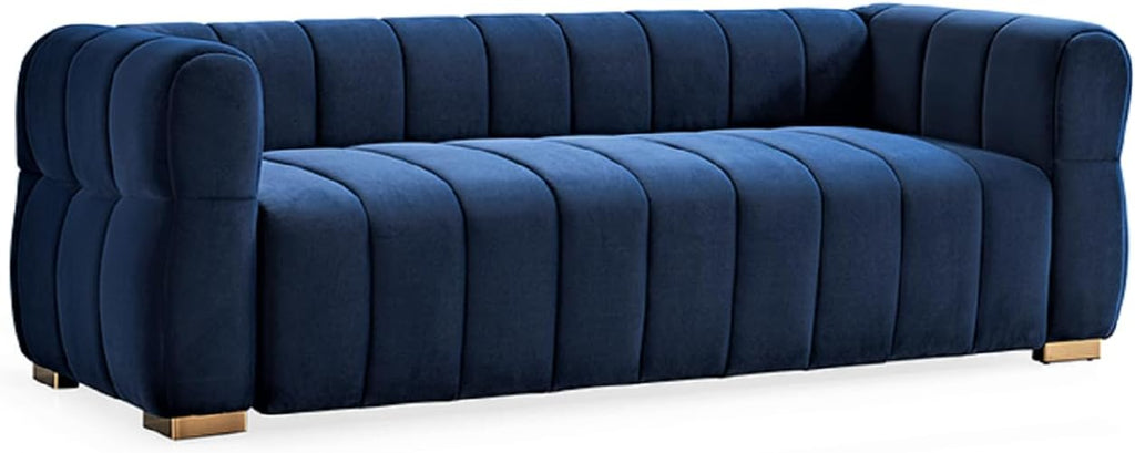 Container Furniture Direct Art Deco Velvet Sofa with Tufted Low Back Design, Sophisticated 3 Seater Couch for Living Rooms, 89 Inch Wide, Easy Assembly, Blue