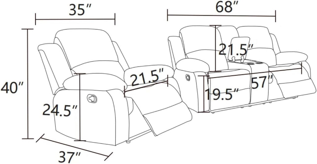 Manual Linen Recliner Sofa Set, Adjustable Backrest Reclining Loveseat Sofa & Recliner Chair with Storage Console & Cup Holders for House, Home Theater, Grey