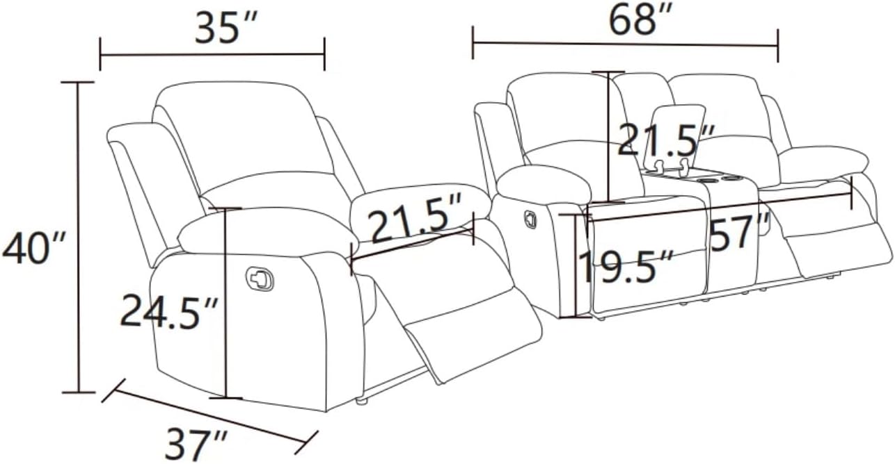 Manual Linen Recliner Sofa Set, Adjustable Backrest Reclining Loveseat Sofa & Recliner Chair with Storage Console & Cup Holders for House, Home Theater, Grey