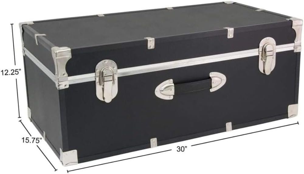 30-Inch Storage Trunk Lockable College Dorm Footlocker Heavy-Duty Camp Chest Travel Organizer Durable Wooden Utility Box with Nickel Hardware for Bedroom Office, Black Finish
