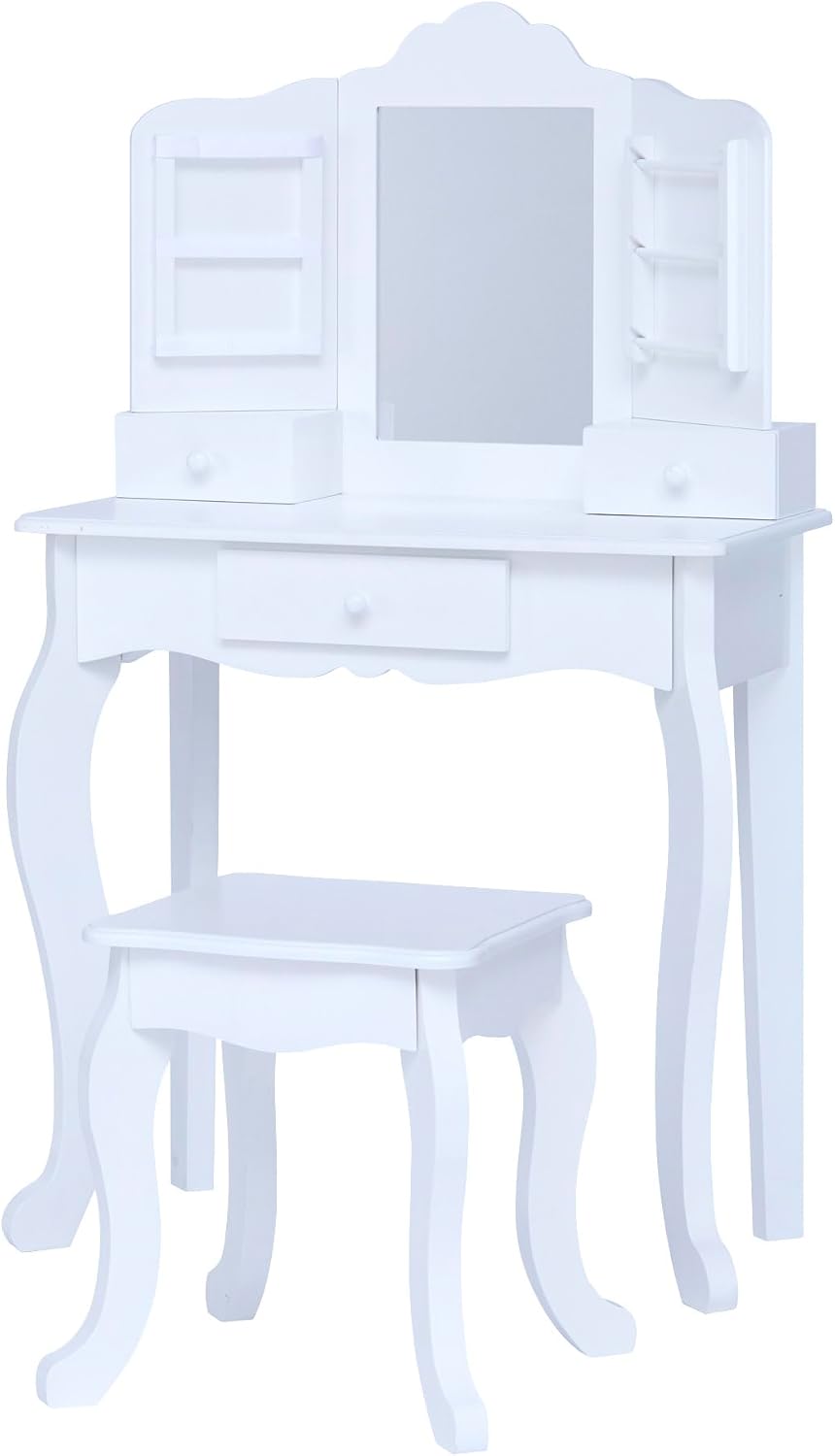 Teamson Kids White Wooden Vanity Table and Stool Set for Girls with Mirror Drawers Jewelry Storage Elegant Play Furniture for Bedroom or Playroom Ages 3+