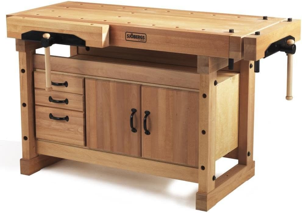 Sjobergs Elite 1500 Beech Woodworking Workbench with Dual Vises, Dog Holes & Modular Accessories – Professional European Shop Bench SJO-99352K (Elite 1500 + Cabinet SM03 + Accessory Kit)