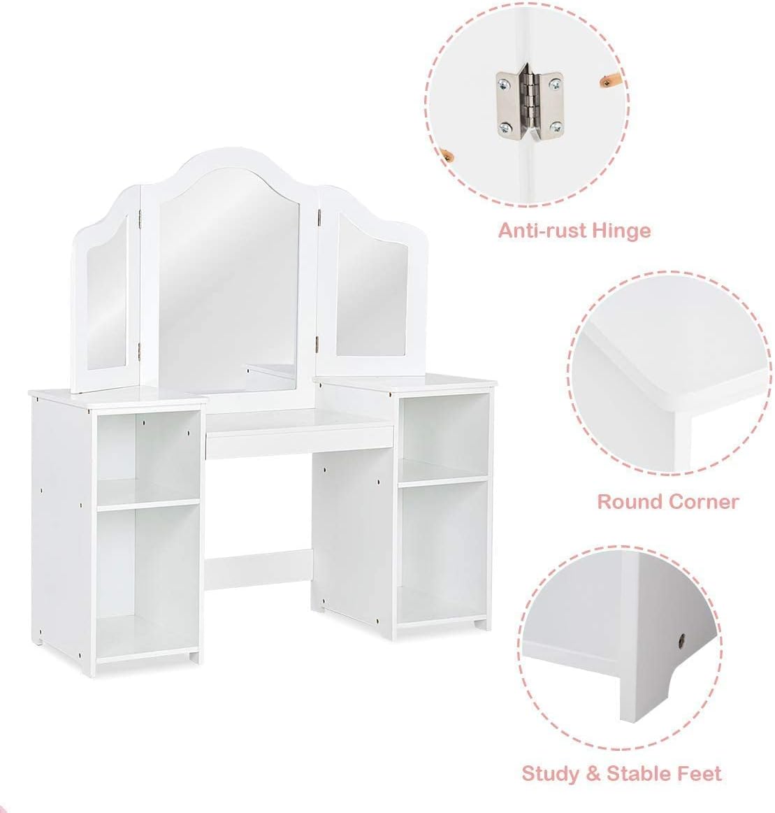 INFANS Kids Vanity, 2 in 1 Princess Makeup Desk Set with Tri-Folding Detachable Mirror, Large Storage Shelves, Wooden Dressing Table,Pretend Play Vanity Set for Girls