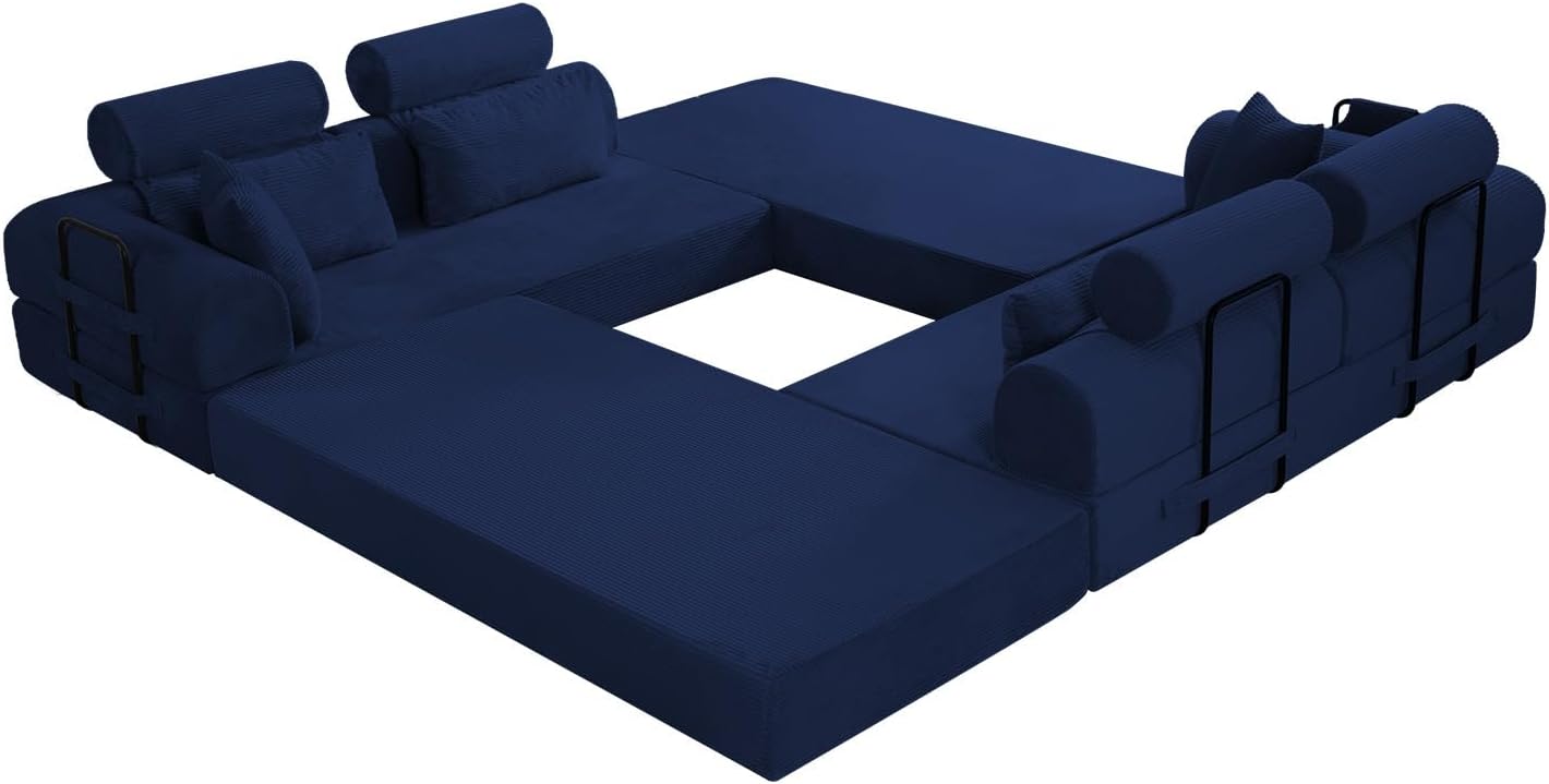 KEIKI 6-in-1 Folding Convertible High Back Sofa Sleeper, 106' Oversized Modular Sectional Corduroy Upholstered L Shape Couches for Living Room, Head Support Comfort for Large Apartment Bedroom, Blue