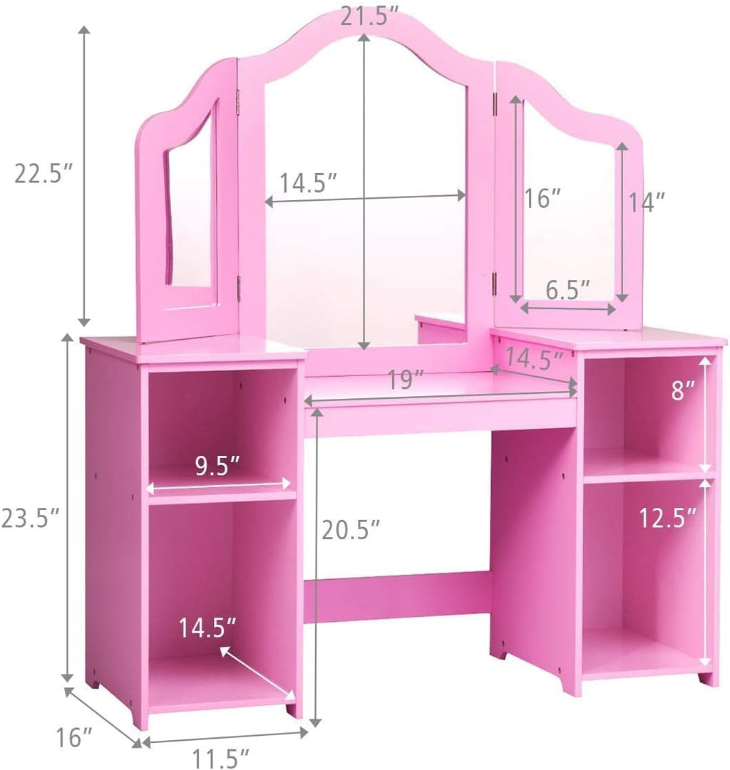 AKUSTIK Kids Vanity, 2 in 1 Pink Wooden Dressing Table for Toddlers with Tri-Folding Detachable Mirror, Storage Shelves, Pretend Princess Beauty Make Up Play Set for Little Girls