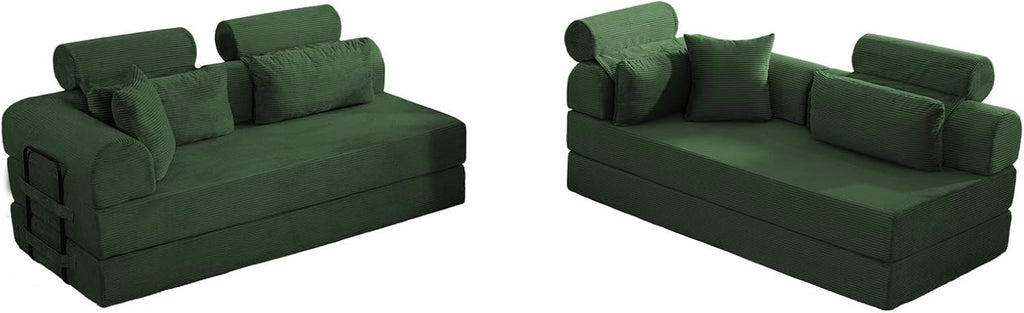 KEIKI 6-in-1 Folding Convertible High Back Sofa Sleeper, 106' Oversized Modular Sectional Corduroy Upholstered L Shape Couches for Living Room, Premium Foam for Contemporary Family Room, Green