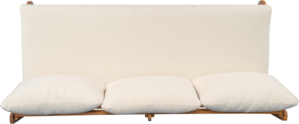 Christopher Knight Home Poppy Acacia Wood Outdoor 3 Seater Sofa with Cushion, Wooden Patio Sofa Couch with Cushion, Comfy Armless Cloud Sofa Couch, Patio Furniture Sofa Set, Teak+Beige