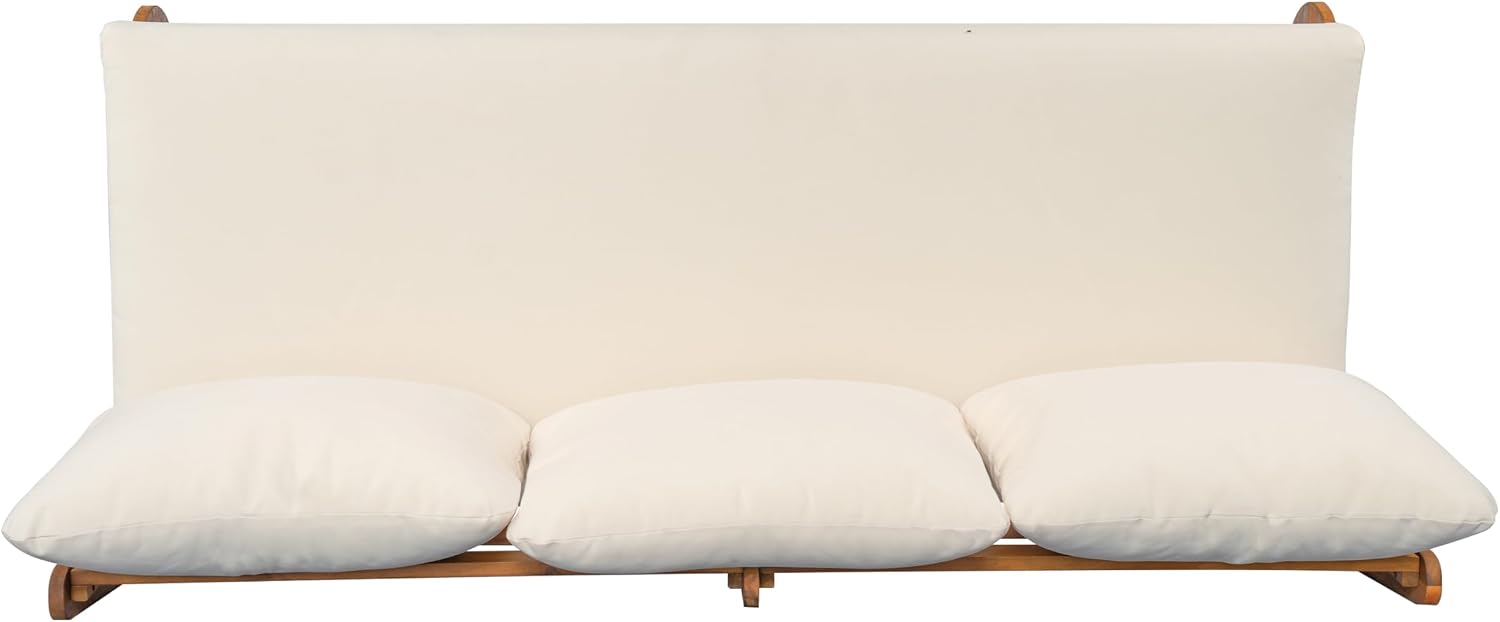 Christopher Knight Home Poppy Acacia Wood Outdoor 3 Seater Sofa with Cushion, Wooden Patio Sofa Couch with Cushion, Comfy Armless Cloud Sofa Couch, Patio Furniture Sofa Set, Teak+Beige