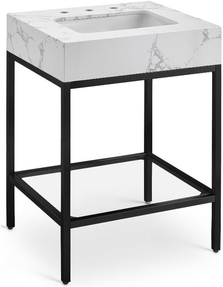 Meridian Furniture 407White-24 Marmo Collection Modern | Contemporary Bathroom Vanity with White Engineered Stone with Grey Veining, Matte Black Metal Base, 24' W x 21' D x 34' H, White
