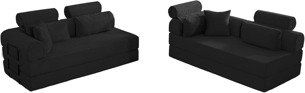 KEIKI 6-in-1 Folding Convertible High Back Sofa Sleeper, 106' Oversized Modular Sectional Corduroy Upholstered L Shape Couch for Living Room, Chaise Lounge Indoor for Modern Minimalist Family,Black