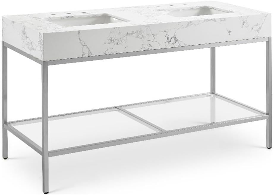 Meridian Furniture 408White-60 Marmo Collection Modern | Contemporary Bathroom Vanity with White Engineered Stone with Grey Veining, Brushed Chrome Stainless Steel Base, 60' W x 23' D x 34' H, White