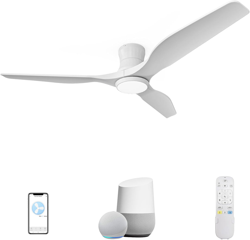Smart 52' Wood Flush Mount Ceiling Fan with Remote Control, White | Quiet DC Motor, WiFi Alexa Voice Control, High CFM Dimmable LED, Low Profile, Reversible, 6 Speeds Adjustment, Time Setting