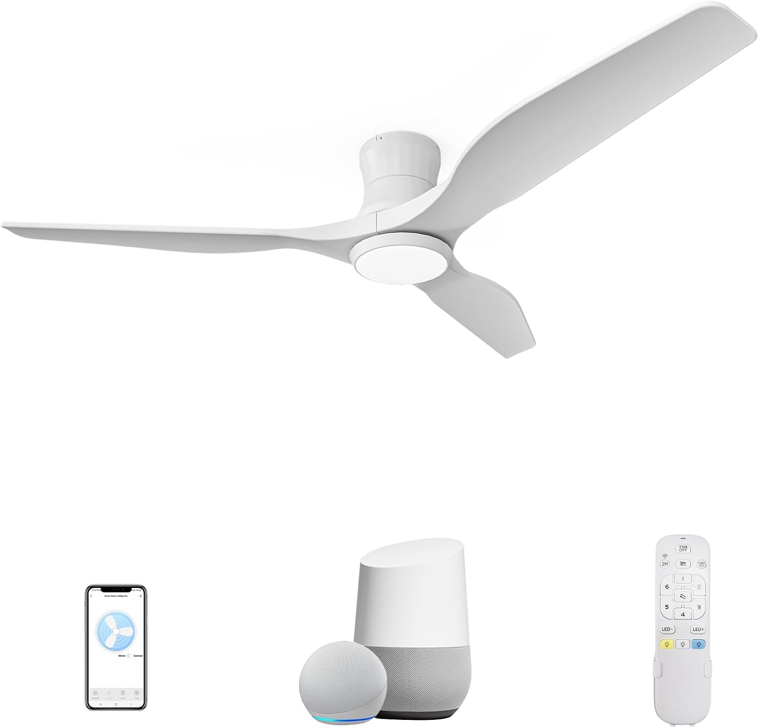 Smart 52' Wood Flush Mount Ceiling Fan with Remote Control, White | Quiet DC Motor, WiFi Alexa Voice Control, High CFM Dimmable LED, Low Profile, Reversible, 6 Speeds Adjustment, Time Setting
