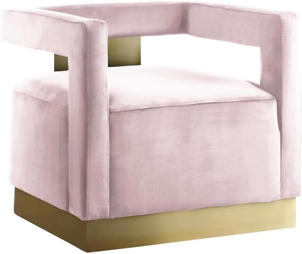 Meridian Furniture 597Pink Armani Collection Modern | Contemporary Velvet Upholstered Accent Chair with Sturdy Steel Base and Back in Gold Finish, 31.5' W x 28' D x 28' H, Pink