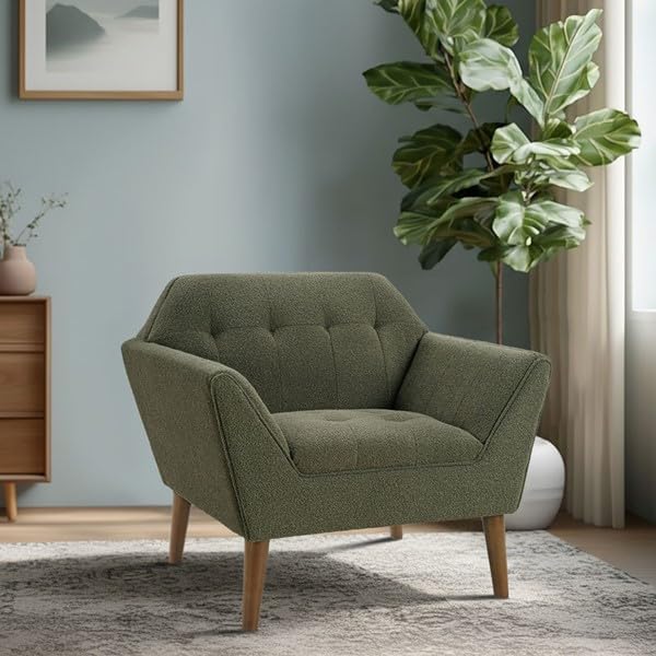 Ink+Ivy Newport Wide Mid-Century Modern Lounge Chair Hand-Tufted Velvet Upholstered Accent Armchair with Solid Wood Pecan Legs for Living Room Bedroom Reading