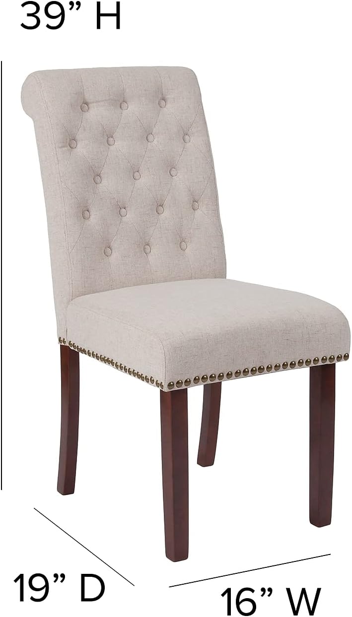 Flash Furniture HERCULES Series Beige Fabric Parsons Chair with Rolled Back, Accent Nail Trim and Walnut Finish