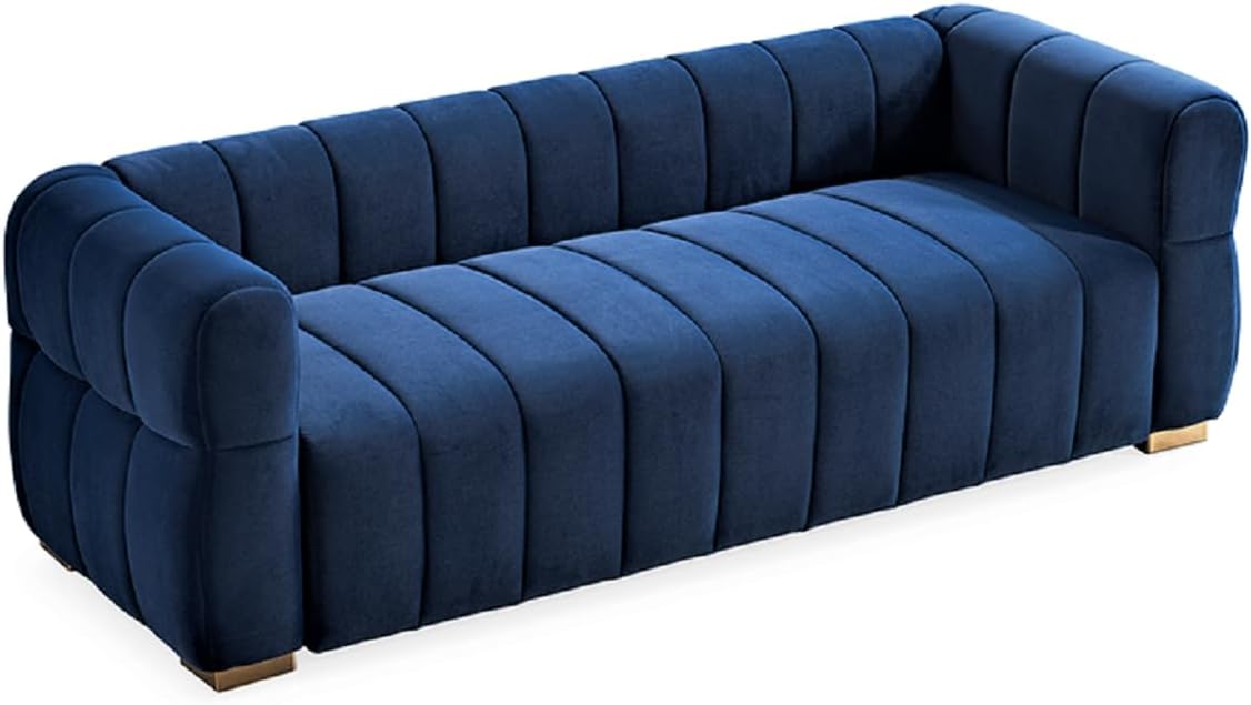 Container Furniture Direct Art Deco Velvet Sofa with Tufted Low Back Design, Sophisticated 3 Seater Couch for Living Rooms, 89 Inch Wide, Easy Assembly, Blue