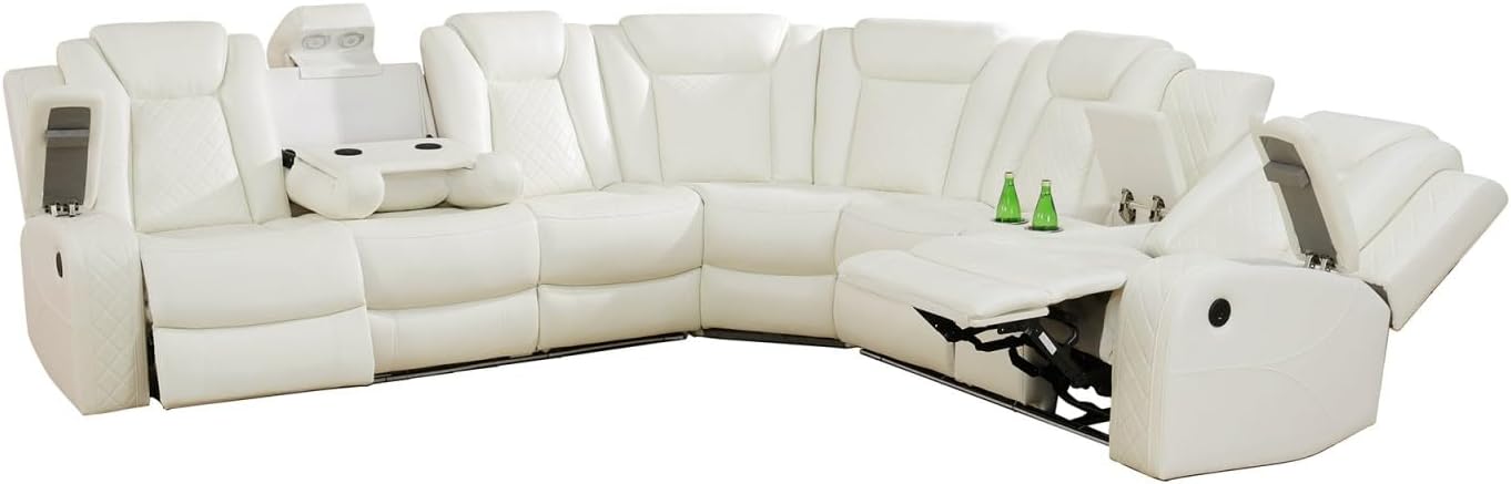Reclining Sectional, Power Sectional Couch, Leather Sofa Set for Living Room, Comfy Home Theater Seating with USB 2.0 Charging Ports, LED Light Strips, Fold-Down Table & Cupholders (White, 3-Piece)