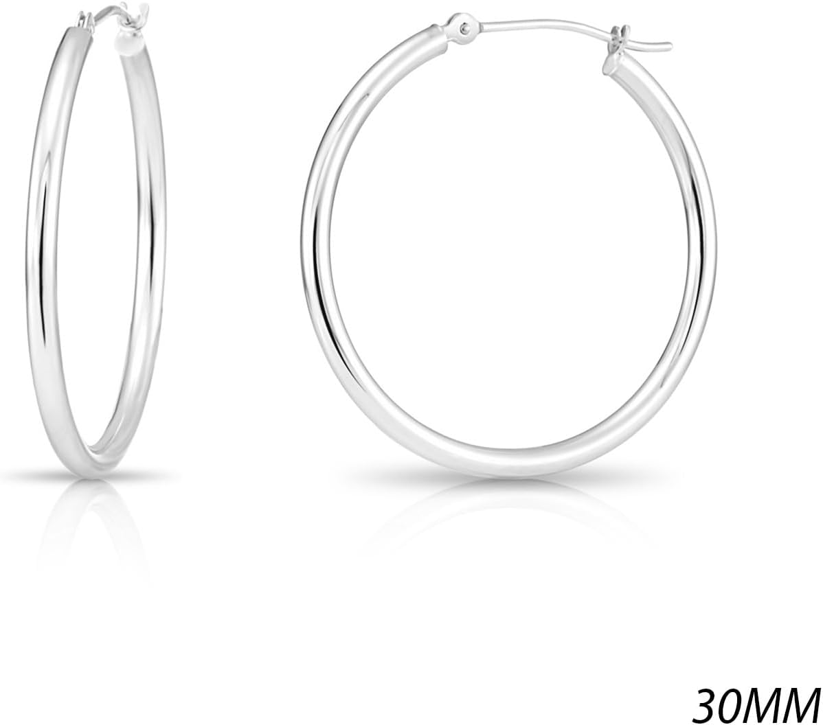 Classic 10K White Gold Hoop Earrings - Shiny Polished Plain Round Gold Hoops for Women and Men
