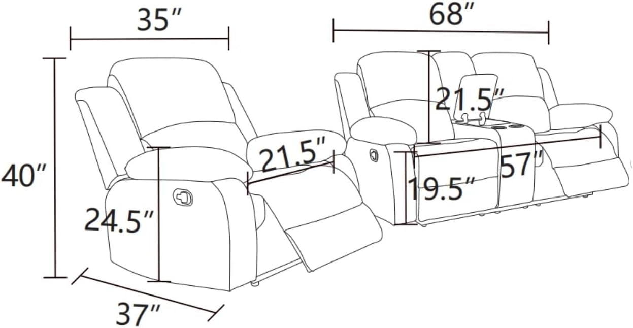 2-Piece Leather Manual Recliner Sofa Set, Adjustable Backrest Reclining Loveseat Sofa & Recliner Chair with Storage Console & Cup Holders for House, Home Theater, Red