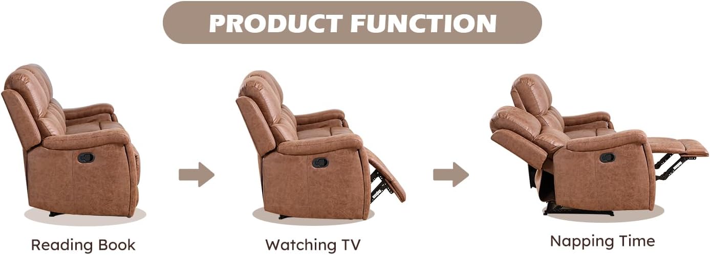 CANMOV Faux Leather Manual Reclining Sofa Set, 2 Manual Single Recliner Chairs and 2 Seat Recliner Loveseat with Center Console, Hidden Storage and Cup Holders for Living Room,Bedroom Furniture,Brown