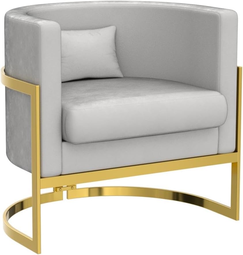 Velvet Accent Chair, Modern Barrel Chair Upholstered Armchair for Living Room Bedroom Single Sofa Chair Club Chairs Gray with Gold Legs