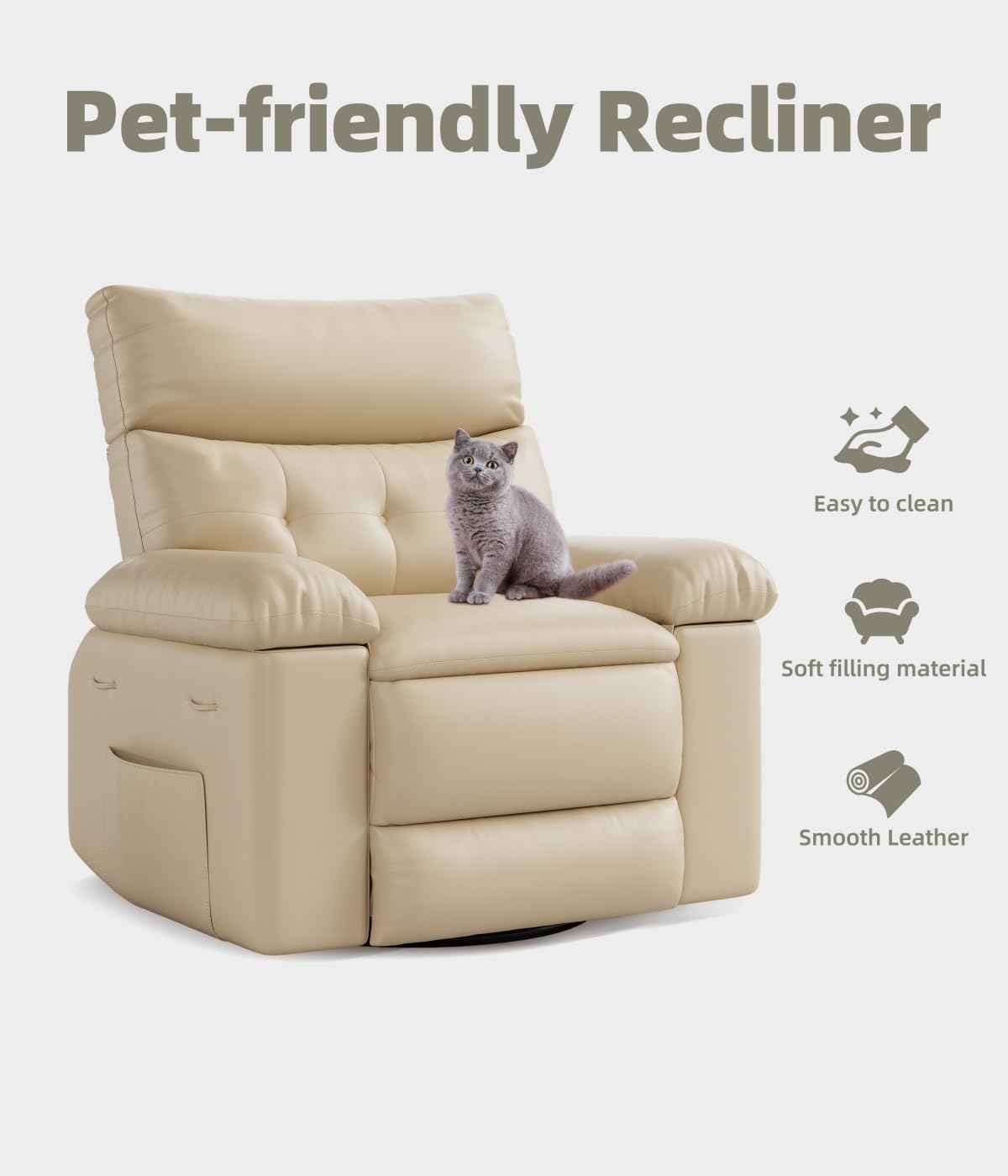 GarveeHome Oversized 27' Recliner Chairs, Classic Manual Leather Recliner, Home Theater Seating with Lumbar & Arms Support for Living Room, Bedroom and Nursery - Beige