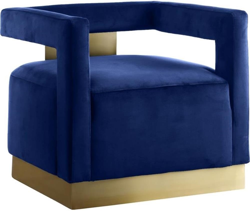 Meridian Furniture Armani Collection Modern | Contemporary Velvet Upholstered Accent Chair with Sturdy Steel Base and Back in Gold Finish, 31.5' W x 28' D x 28' H, Navy