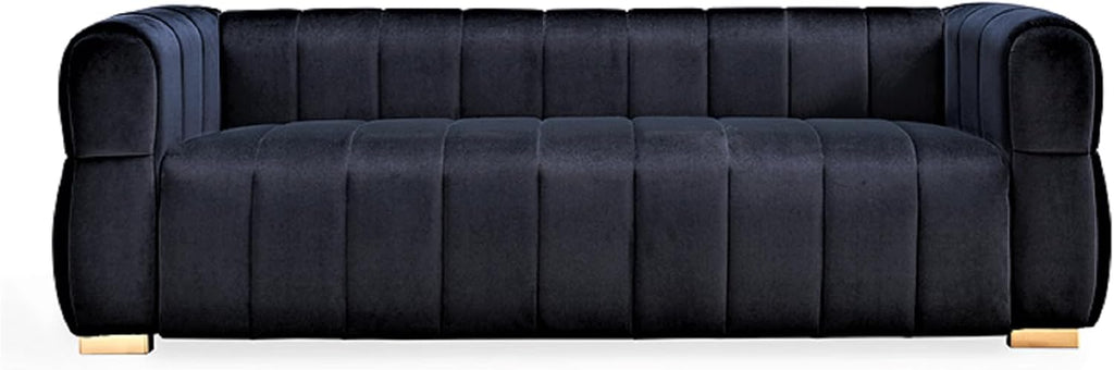 Container Furniture Direct Art Deco Velvet Sofa with Tufted Low Back Design, Sophisticated 3 Seater Couch for Living Rooms, 89 Inch Wide, Easy Assembly, Black